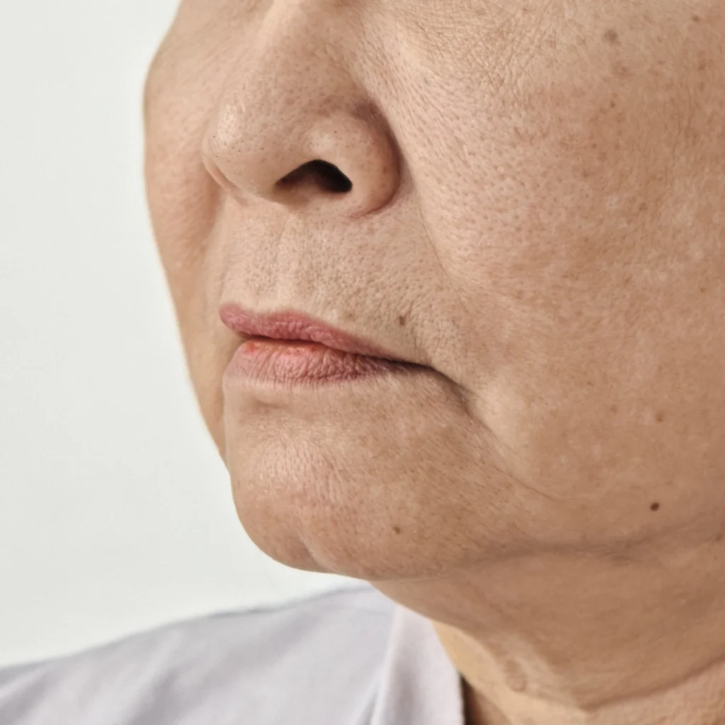 Before double chin removal and liposuction photo, 45-degree angle